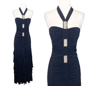 Vintage Y2K Size 8 Jessica McClintock Formal Dress Black Halter Rhinestone Layer